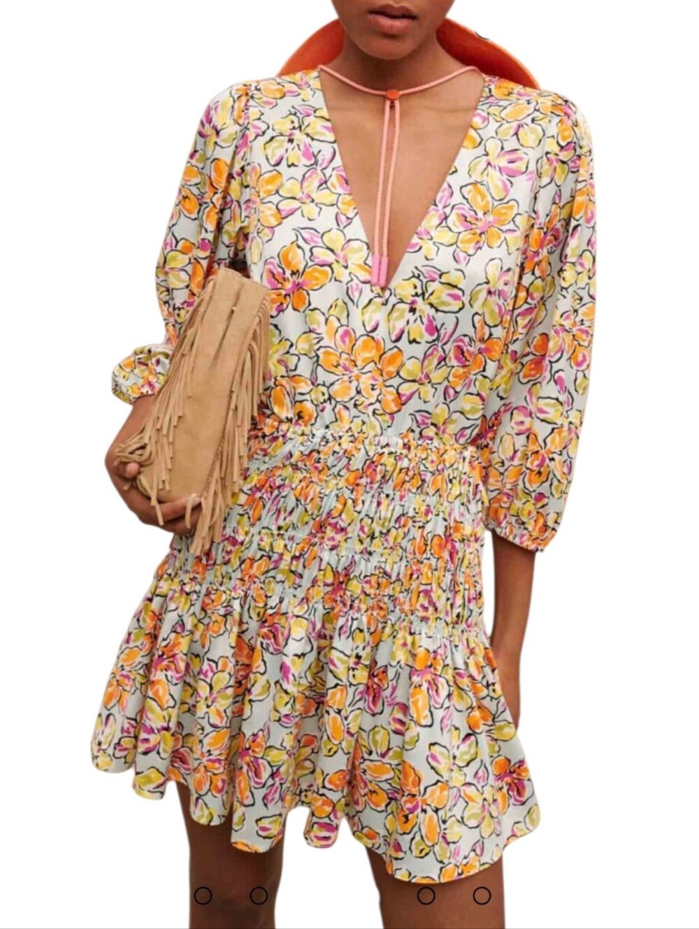 Maje Floral Cut-Out Mini Dress Women 36 Viscose Smocked Waist V-Neck